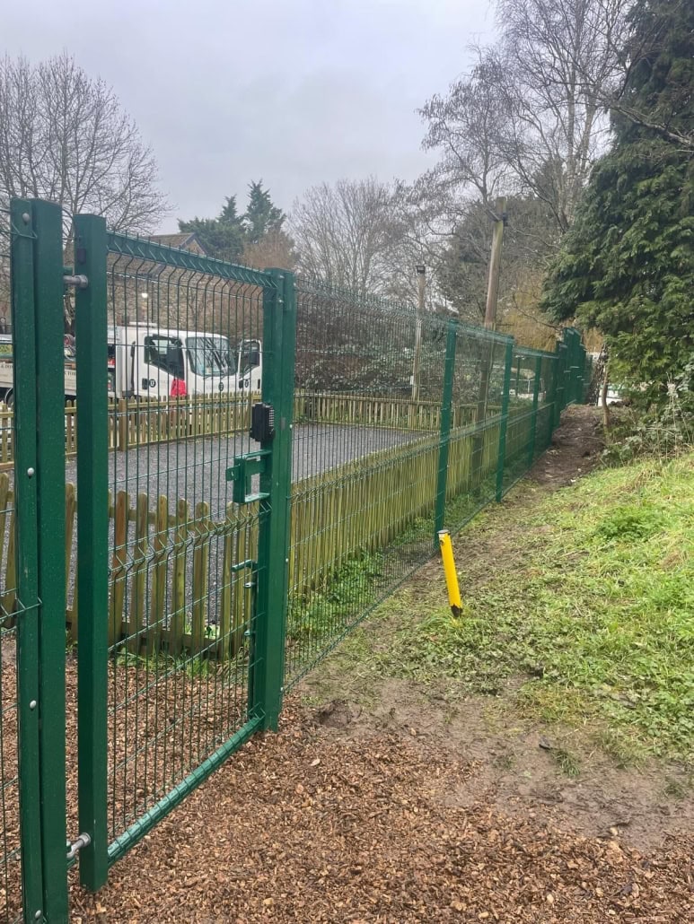 Green weldmesh security gate and fencing installed at The Lock Keeper pub Bristol
