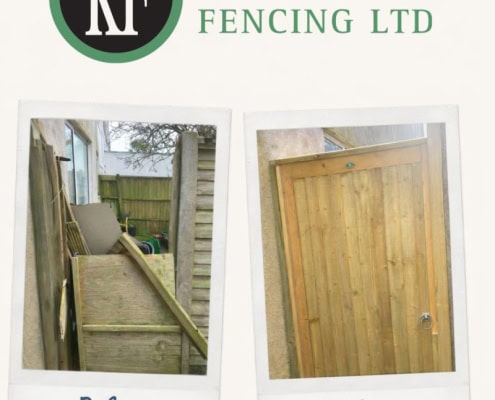 Before and after of a free timber gate installation for a local resident by Knight Fencing Ltd