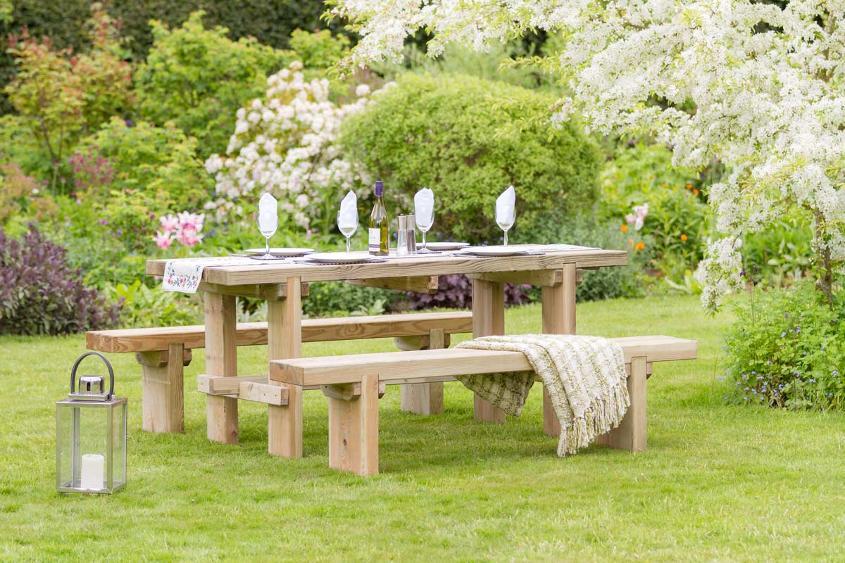 Wooden Outdoor Dining Bench And Table Set, Wooden Outdoor Bench Set