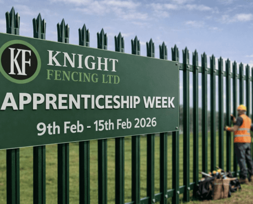 Knight Fencing Ltd National Apprenticeship Week 2026 banner on steel palisade fencing